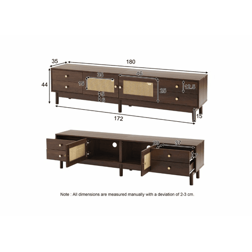 Móvel de TV estilo vintage com efeito de madeira de nogueira com 2 portas de vime, 4 gavetas 180*35*44cm