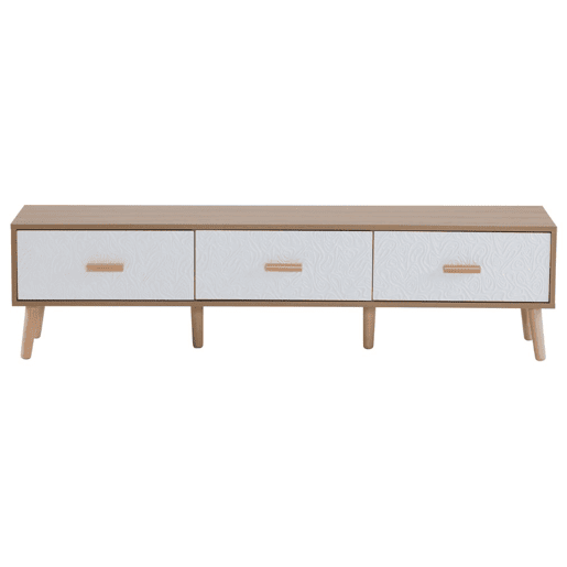 Móvel TV efeito madeira clara com 3 gavetas e porta branca com padrão texturado 150x35x39cm