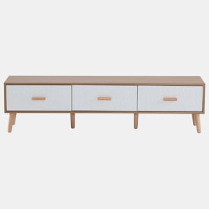 Móvel TV efeito madeira clara com 3 gavetas e porta branca com padrão texturado 150x35x39cm