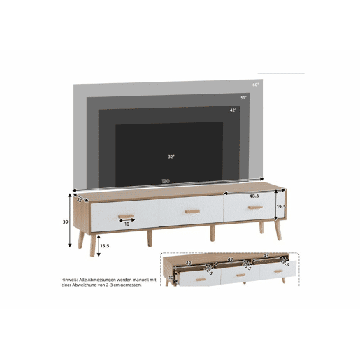 Móvel TV efeito madeira clara com 3 gavetas e porta branca com padrão texturado 150x35x39cm