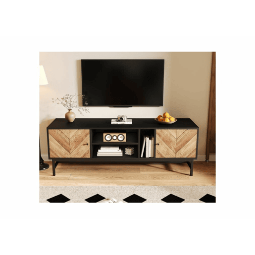 Mueble de TV moderno y minimalista en efecto madera negra con 2 puertas 150*38*55cm