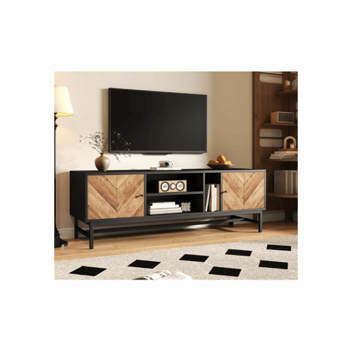 Mueble de TV moderno y minimalista en efecto madera negra con 2 puertas 150*38*55cm