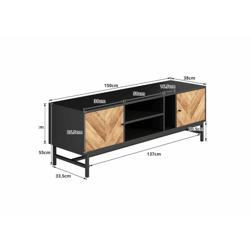 Mueble de TV moderno y minimalista en efecto madera negra con 2 puertas 150*38*55cm