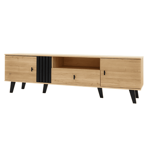 Móvel de TV industrial em madeira e design preto com gavetas, várias funções de arrumação, aspeto único L172cm