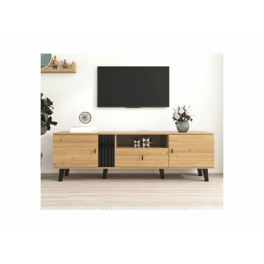 Móvel de TV industrial em madeira e design preto com gavetas, várias funções de arrumação, aspeto único L172cm