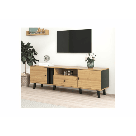 Móvel de TV industrial em madeira e design preto com gavetas, várias funções de arrumação, aspeto único L172cm