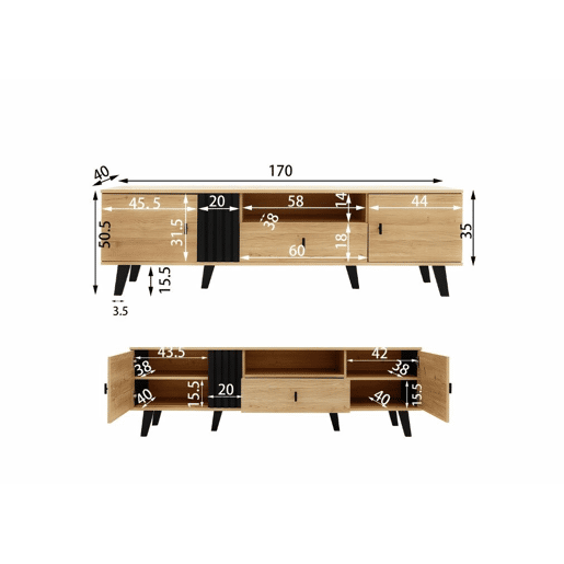 Móvel de TV industrial em madeira e design preto com gavetas, várias funções de arrumação, aspeto único L172cm