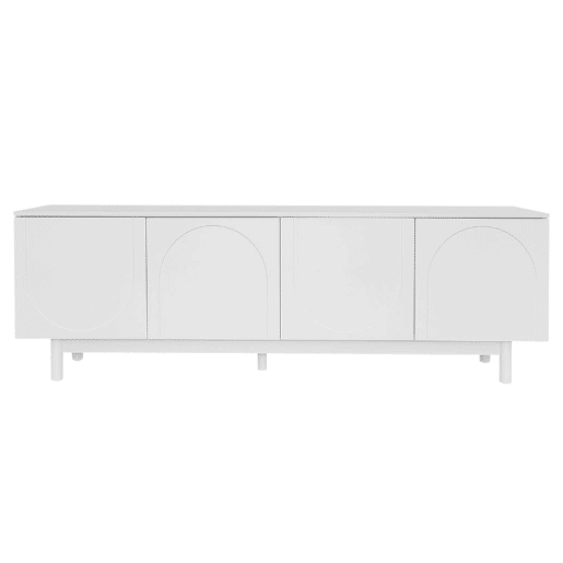 Móvel de TV branco estilo luxo com portas texturadas em forma de U