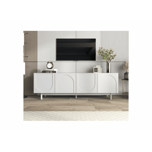 Móvel de TV branco estilo luxo com portas texturadas em forma de U