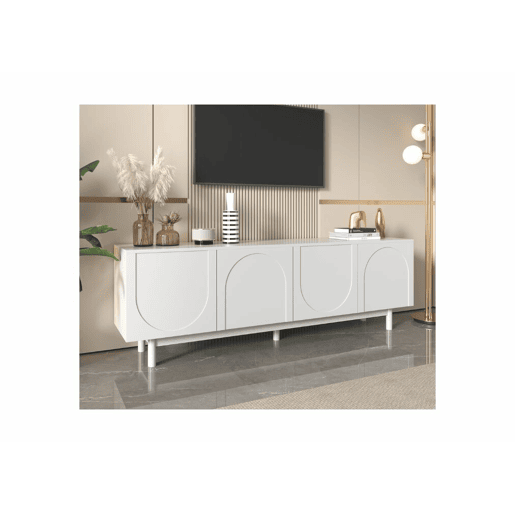 Móvel de TV branco estilo luxo com portas texturadas em forma de U