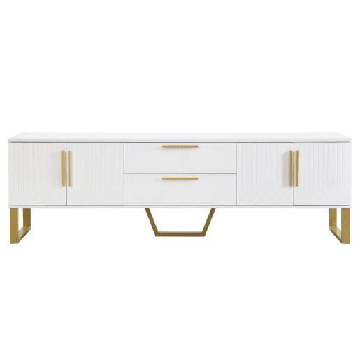 Móvel de TV branco brilhante com padrão gravado e puxadores e pernas dourados 170*40*53cm