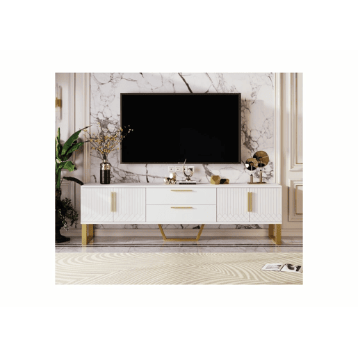 Móvel de TV branco brilhante com padrão gravado e puxadores e pernas dourados 170*40*53cm