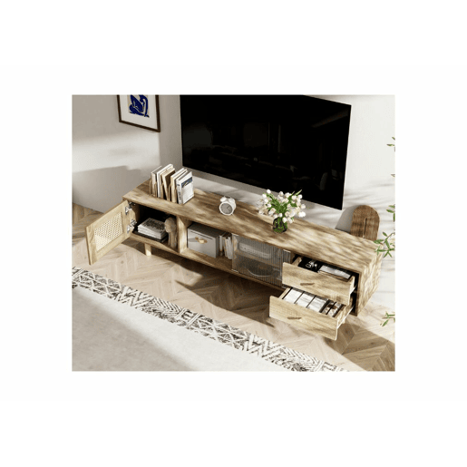 Móvel de TV branco brilhante com padrão gravado e puxadores e pernas dourados 170*40*53cm