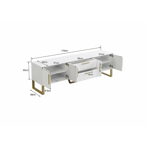 Móvel de TV branco brilhante com padrão gravado e puxadores e pernas dourados 170*40*53cm
