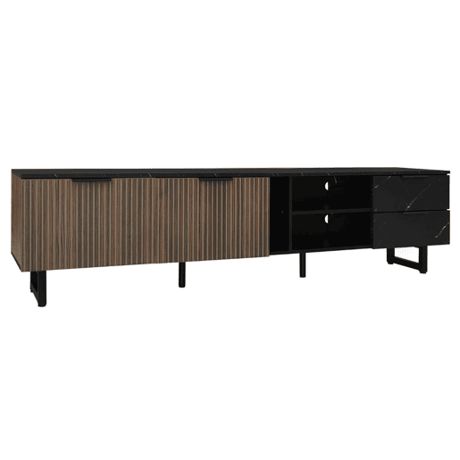 Móvel TV efeito mármore preto com iluminação LED, 2 portas e 2 gavetas