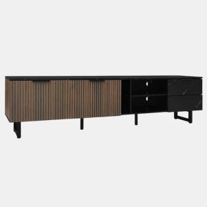 Móvel TV efeito mármore preto com iluminação LED, 2 portas e 2 gavetas