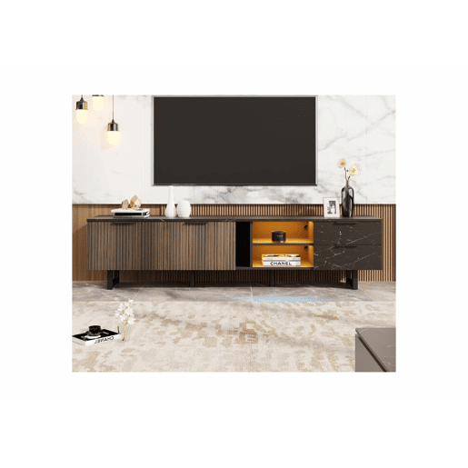 Móvel TV efeito mármore preto com iluminação LED, 2 portas e 2 gavetas
