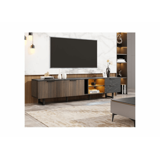 Móvel TV efeito mármore preto com iluminação LED, 2 portas e 2 gavetas