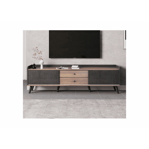 Móvel TV efeito madeira e preto com 2 gavetas centrais e 2 portas de correr A58L160P40cm