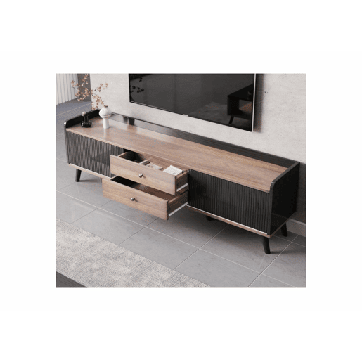 Móvel TV efeito madeira e preto com 2 gavetas centrais e 2 portas de correr A58L160P40cm