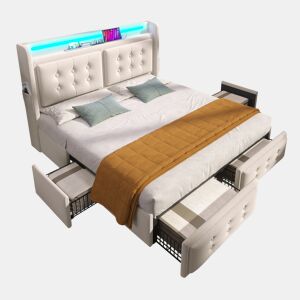Cama de casal de algodão e linho 160x200cm com 4 gavetas,luz led,bege