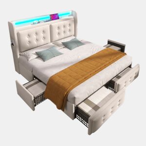 Cama de casal de algodão e linho 180x200cm com 4 gavetas,luz led,bege