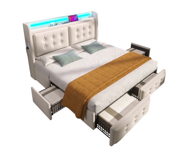 Cama de matrimonio de algodón y lino con 4 cajones 188x220