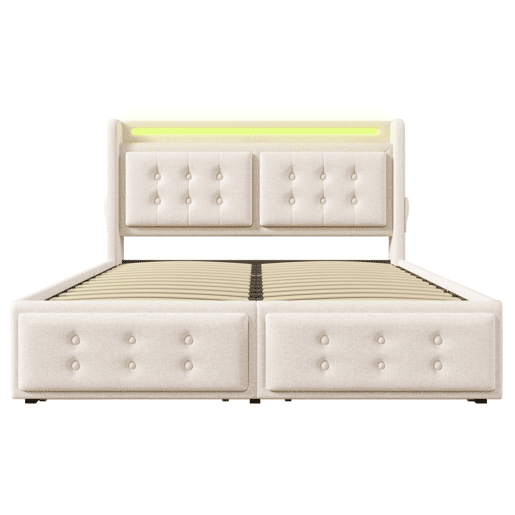 Cama de casal de algodão e linho 180x200cm com 4 gavetas,luz led,bege