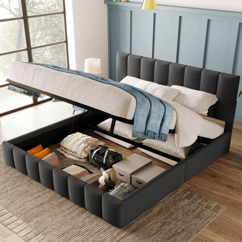 Cama de casal de linho 140x200cm com armazenamento,cinzento Cama de casal de linho 140x200cm com armazenamento,cinzento