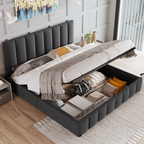 Cama de casal de linho 140x200cm com armazenamento,cinzento Cama de casal de linho 140x200cm com armazenamento,cinzento