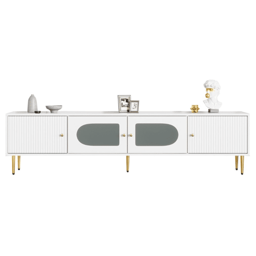 Elegante armário de TV de vidro curvo branco com pernas e pegas douradas 2 portas 170*35*50cm