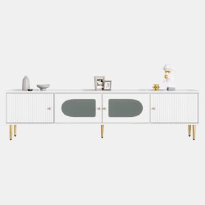 Elegante armário de TV de vidro curvo branco com pernas e pegas douradas 2 portas 170*35*50cm