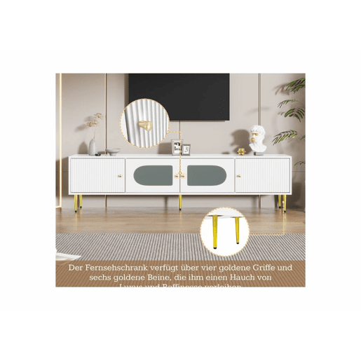 Elegante armário de TV de vidro curvo branco com pernas e pegas douradas 2 portas 170*35*50cm