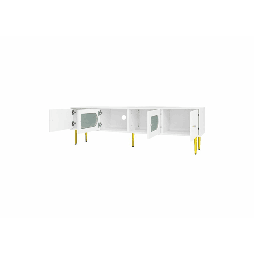 Elegante armário de TV de vidro curvo branco com pernas e pegas douradas 2 portas 170*35*50cm