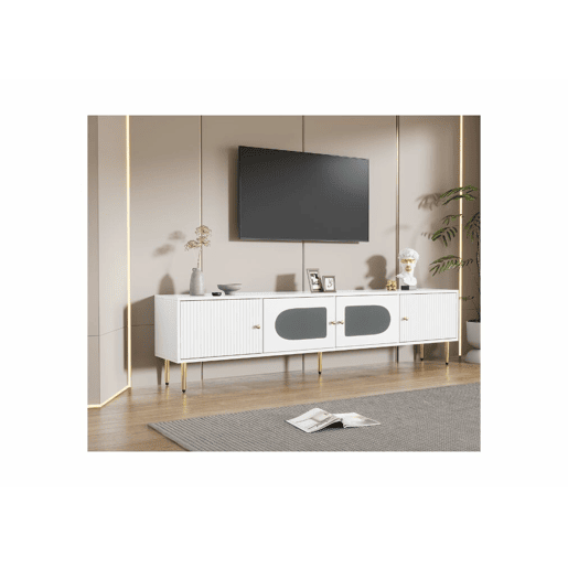 Elegante armário de TV de vidro curvo branco com pernas e pegas douradas 2 portas 170*35*50cm