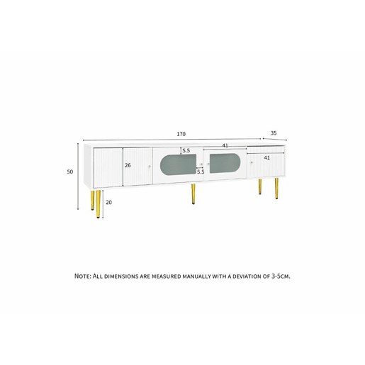 Elegante armário de TV de vidro curvo branco com pernas e pegas douradas 2 portas 170*35*50cm