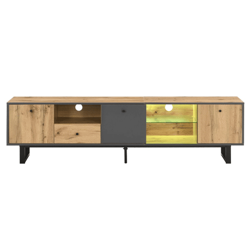 Móvel TV efeito madeira e cinza com divisória em vidro LED Móvel TV efeito madeira e cinza com divisória em vidro LED