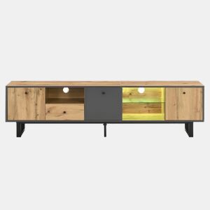 Móvel TV efeito madeira e cinza com divisória em vidro LED