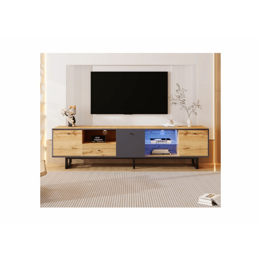 Móvel TV efeito madeira e cinza com divisória em vidro LED Móvel TV efeito madeira e cinza com divisória em vidro LED