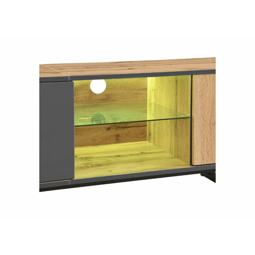 Móvel TV efeito madeira e cinza com divisória em vidro LED Móvel TV efeito madeira e cinza com divisória em vidro LED