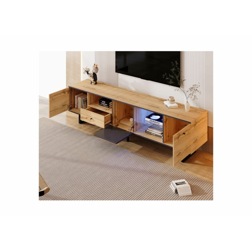 Móvel TV efeito madeira e cinza com divisória em vidro LED Móvel TV efeito madeira e cinza com divisória em vidro LED