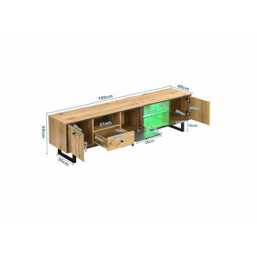 Móvel TV efeito madeira e cinza com divisória em vidro LED Móvel TV efeito madeira e cinza com divisória em vidro LED