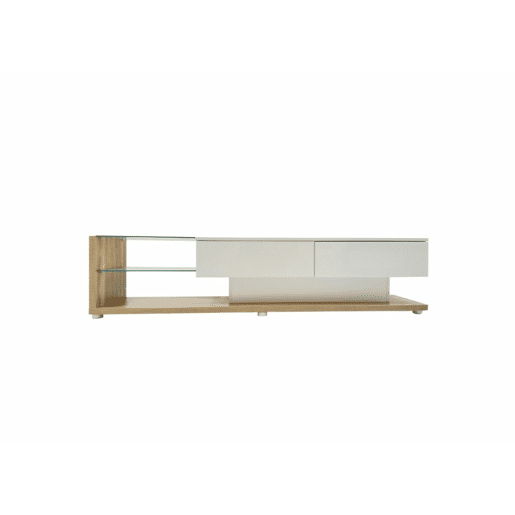 Móvel de TV branco brilhante e madeira com vidro e iluminação LED variável 170*36*38cm