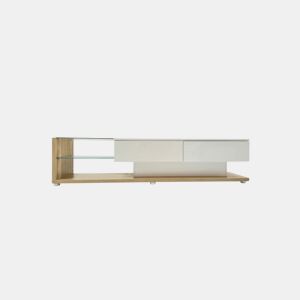 Móvel de TV branco brilhante e madeira com vidro e iluminação LED variável 170*36*38cm