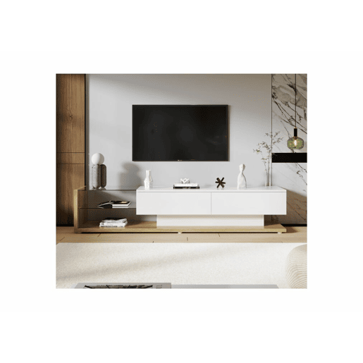 Móvel de TV branco brilhante e madeira com vidro e iluminação LED variável 170*36*38cm