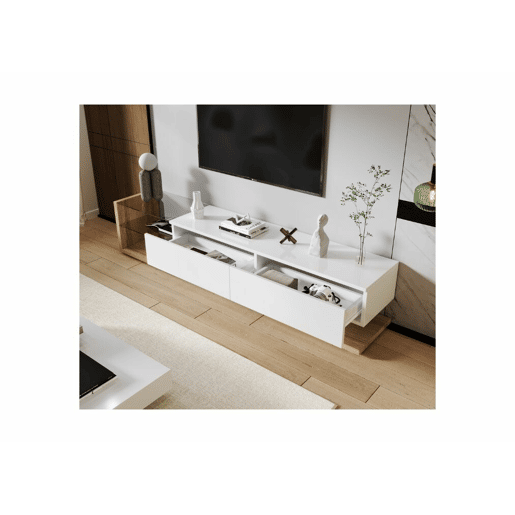 Móvel de TV branco brilhante e madeira com vidro e iluminação LED variável 170*36*38cm