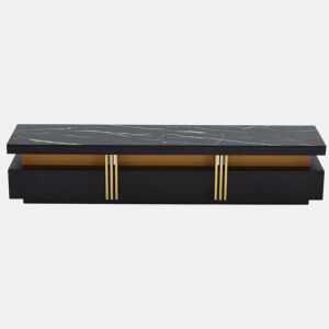 Móvel TV moderno efeito mármore preto e dourado com três gavetas 200x40x42cm
