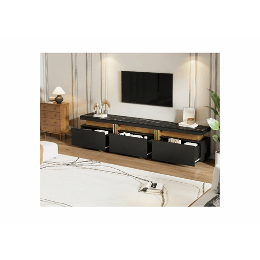 Móvel TV moderno efeito mármore preto e dourado com três gavetas 200x40x42cm Móvel TV moderno efeito mármore preto e dourado com três gavetas 200x40x42cm
