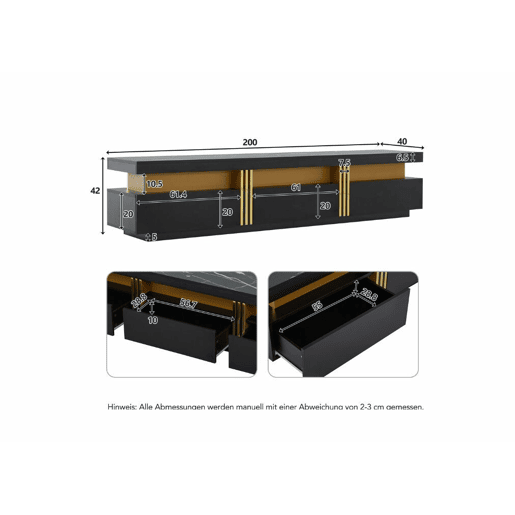 Móvel TV moderno efeito mármore preto e dourado com três gavetas 200x40x42cm Móvel TV moderno efeito mármore preto e dourado com três gavetas 200x40x42cm