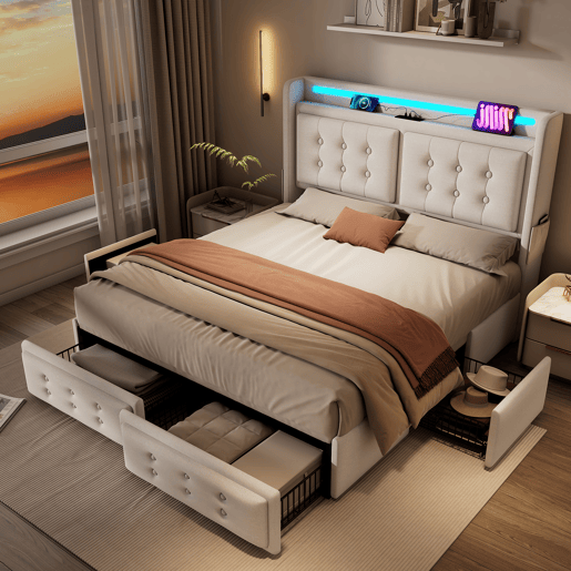 Cama de casal de algodão e linho 140x200cm com 4 gavetas,luz led,bege